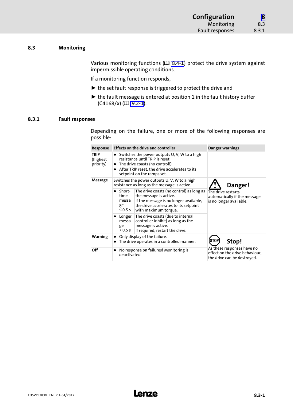 3 monitoring, 1 fault responses, Monitoring | Fault responses, Configuration, Danger, Stop | Lenze EVF9383 User Manual | Page 279 / 458