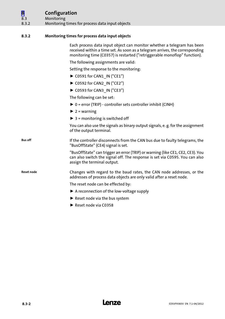 2 monitoring times for process data input objects, Monitoring times for process data input objects, Configuration | Lenze EVF9383 User Manual | Page 280 / 458