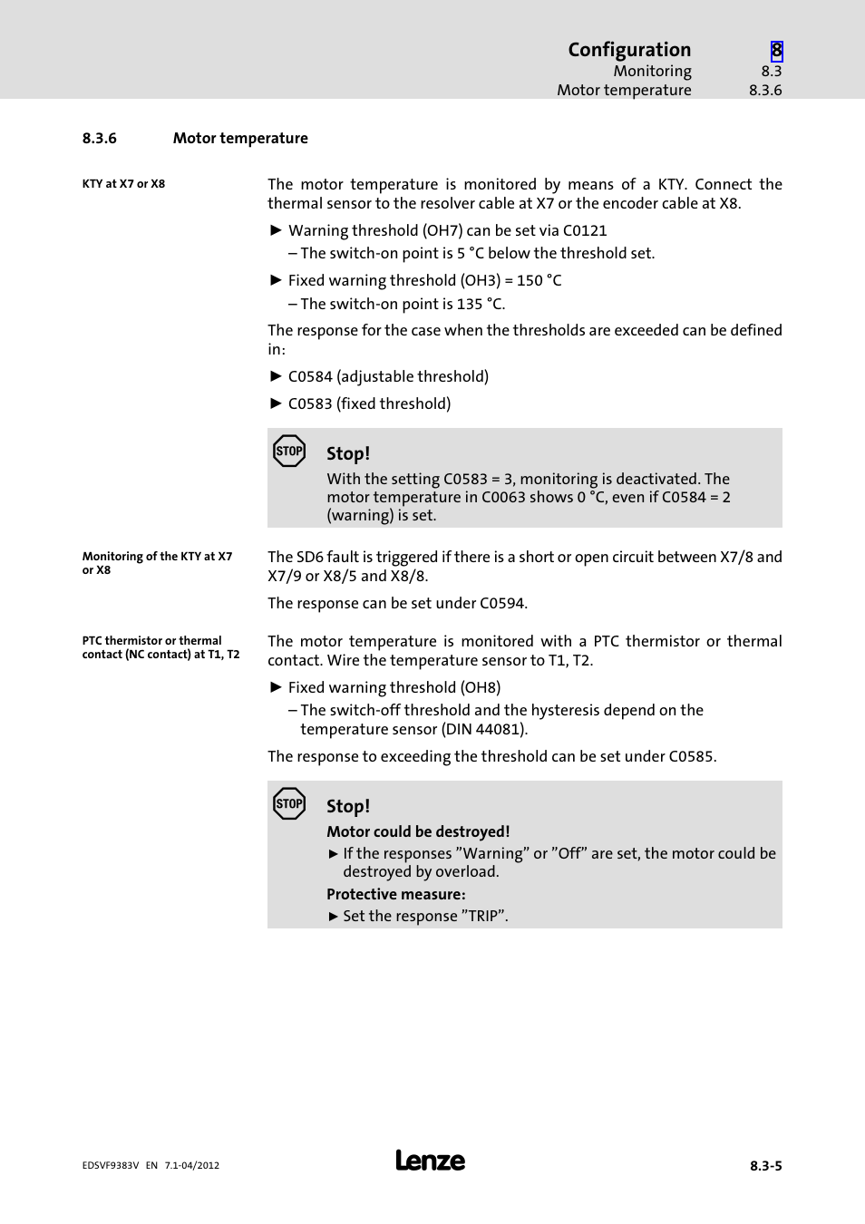 6 motor temperature, Motor temperature | Lenze EVF9383 User Manual | Page 283 / 458