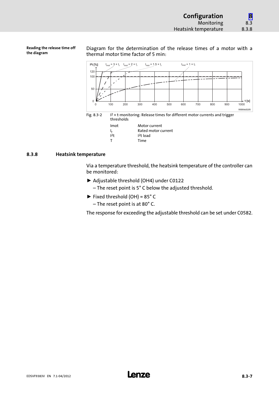 8 heatsink temperature, Heatsink temperature, Configuration | Monitoring heatsink temperature | Lenze EVF9383 User Manual | Page 285 / 458