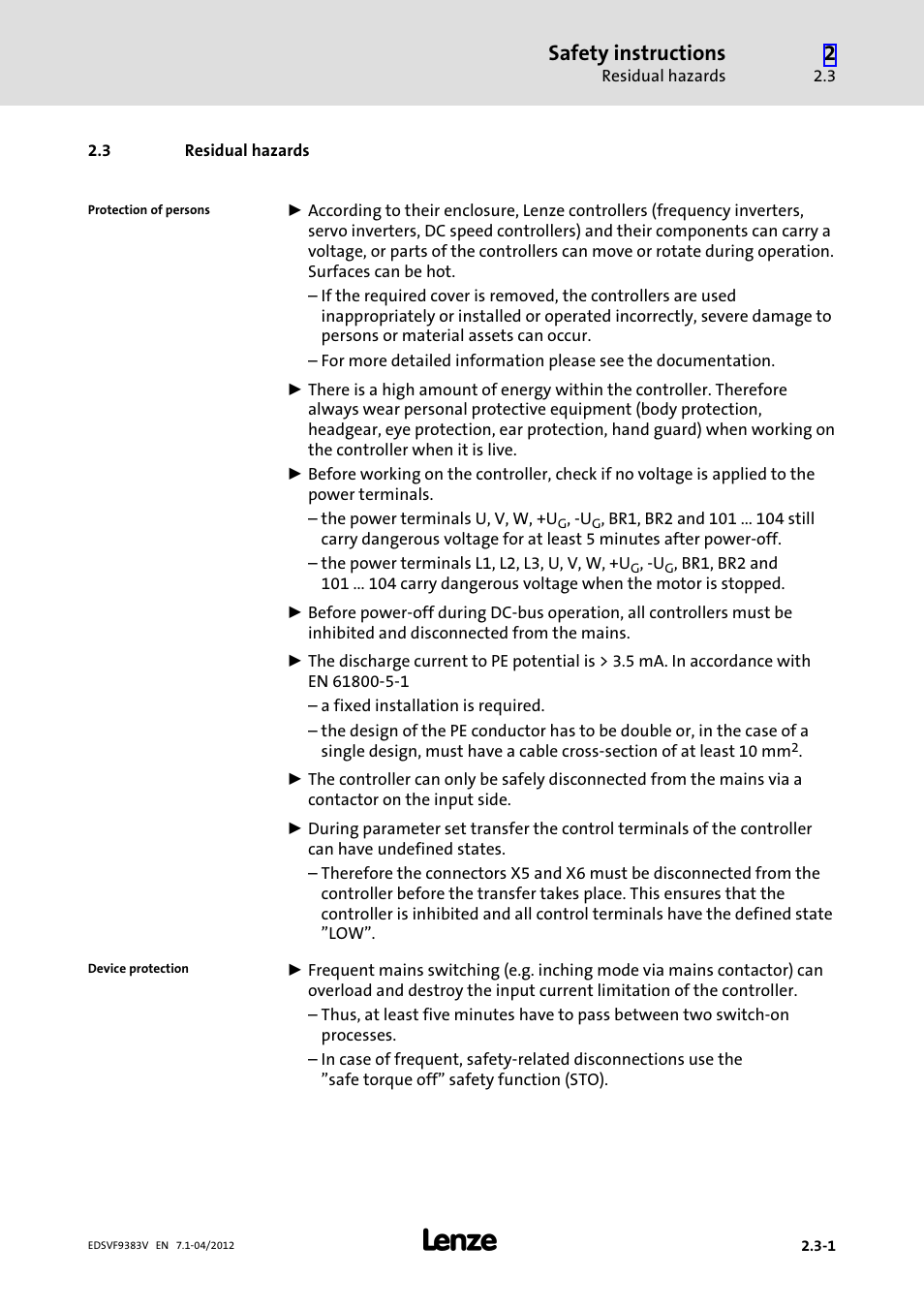 3 residual hazards, Residual hazards, Safety instructions | Lenze EVF9383 User Manual | Page 29 / 458