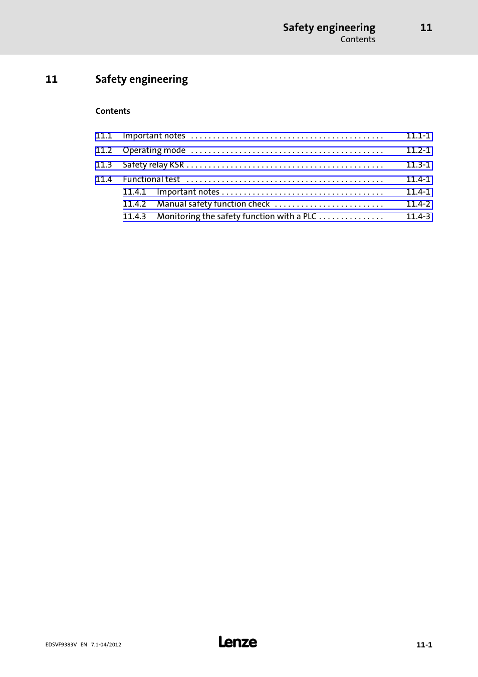 11 safety engineering, Safety engineering | Lenze EVF9383 User Manual | Page 411 / 458