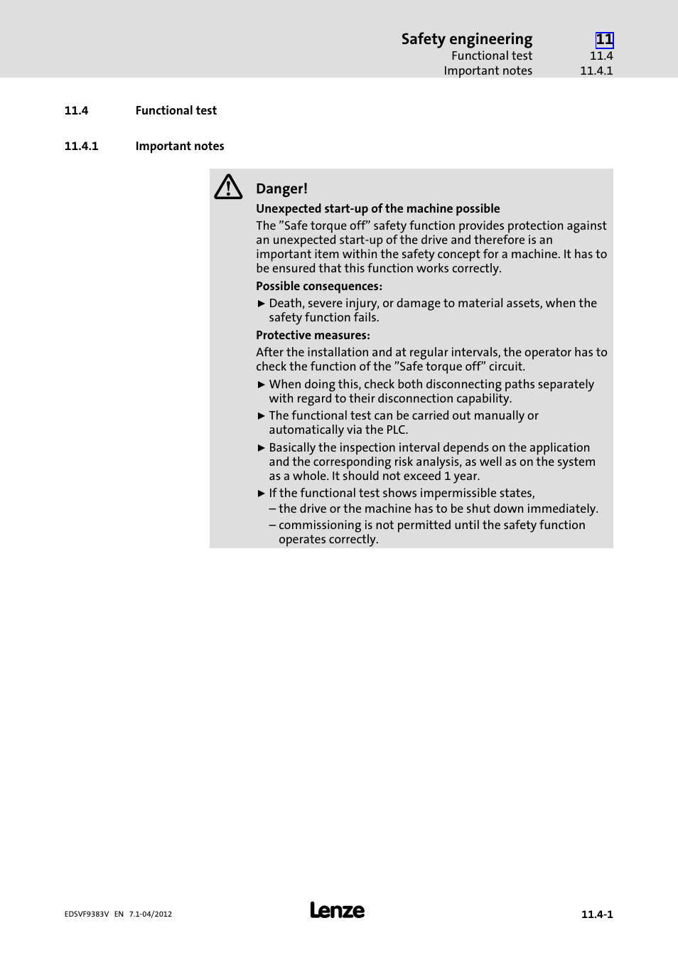 4 functional test, 1 important notes, Functional test | Important notes, Safety engineering | Lenze EVF9383 User Manual | Page 419 / 458