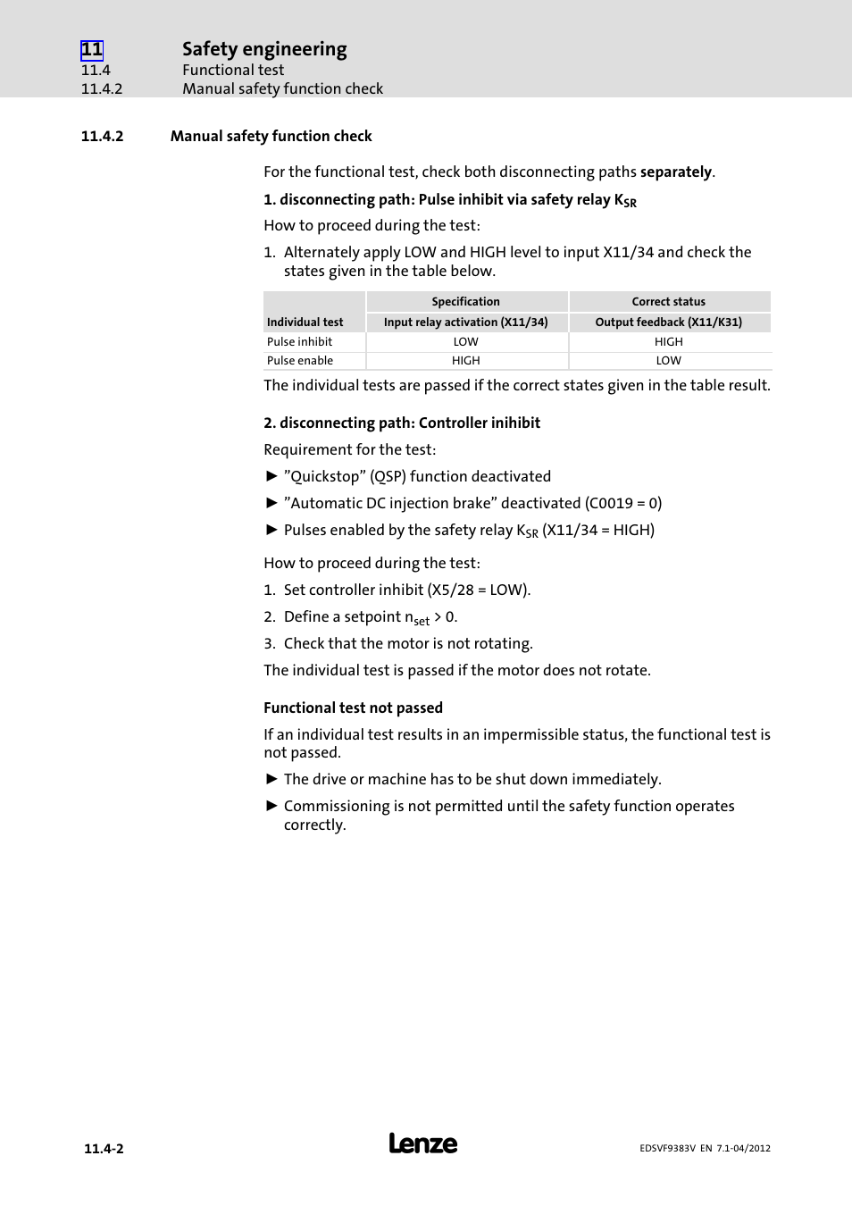 2 manual safety function check, Manual safety function check, Safety engineering | Lenze EVF9383 User Manual | Page 420 / 458