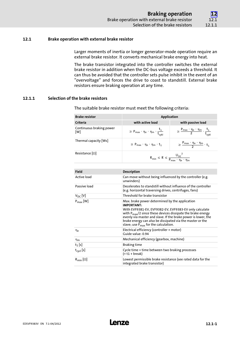 1 brake operation with external brake resistor, 1 selection of the brake resistors, Brake operation with external brake resistor | Selection of the brake resistors, Braking operation | Lenze EVF9383 User Manual | Page 427 / 458