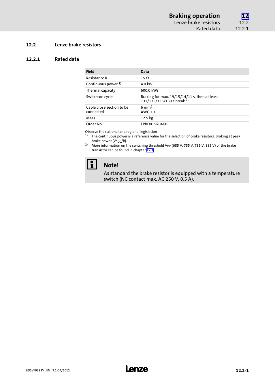 2 lenze brake resistors, 1 rated data, Lenze brake resistors | Rated data, Braking operation | Lenze EVF9383 User Manual | Page 429 / 458