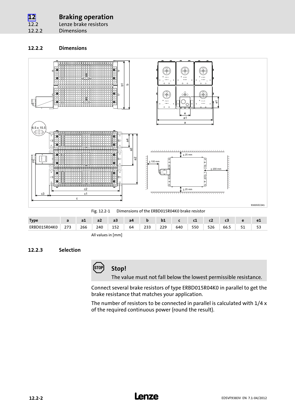 2 dimensions, 3 selection, Dimensions | Selection, Braking operation, Stop | Lenze EVF9383 User Manual | Page 430 / 458