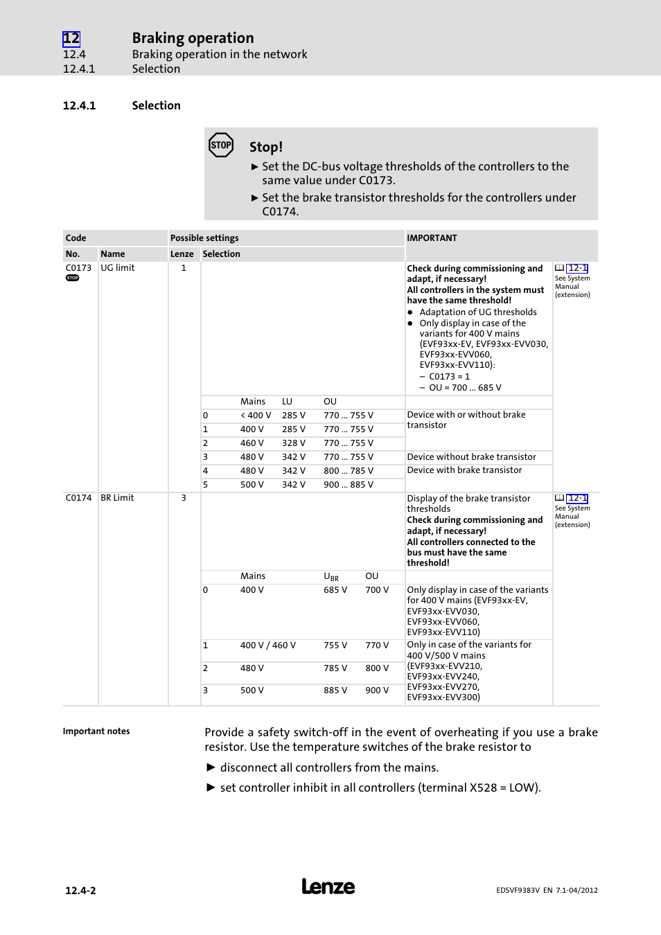 1 selection, Selection, Braking operation | Stop | Lenze EVF9383 User Manual | Page 438 / 458