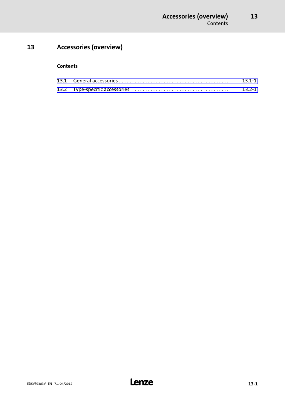13 accessories (overview), Accessories (overview) | Lenze EVF9383 User Manual | Page 439 / 458