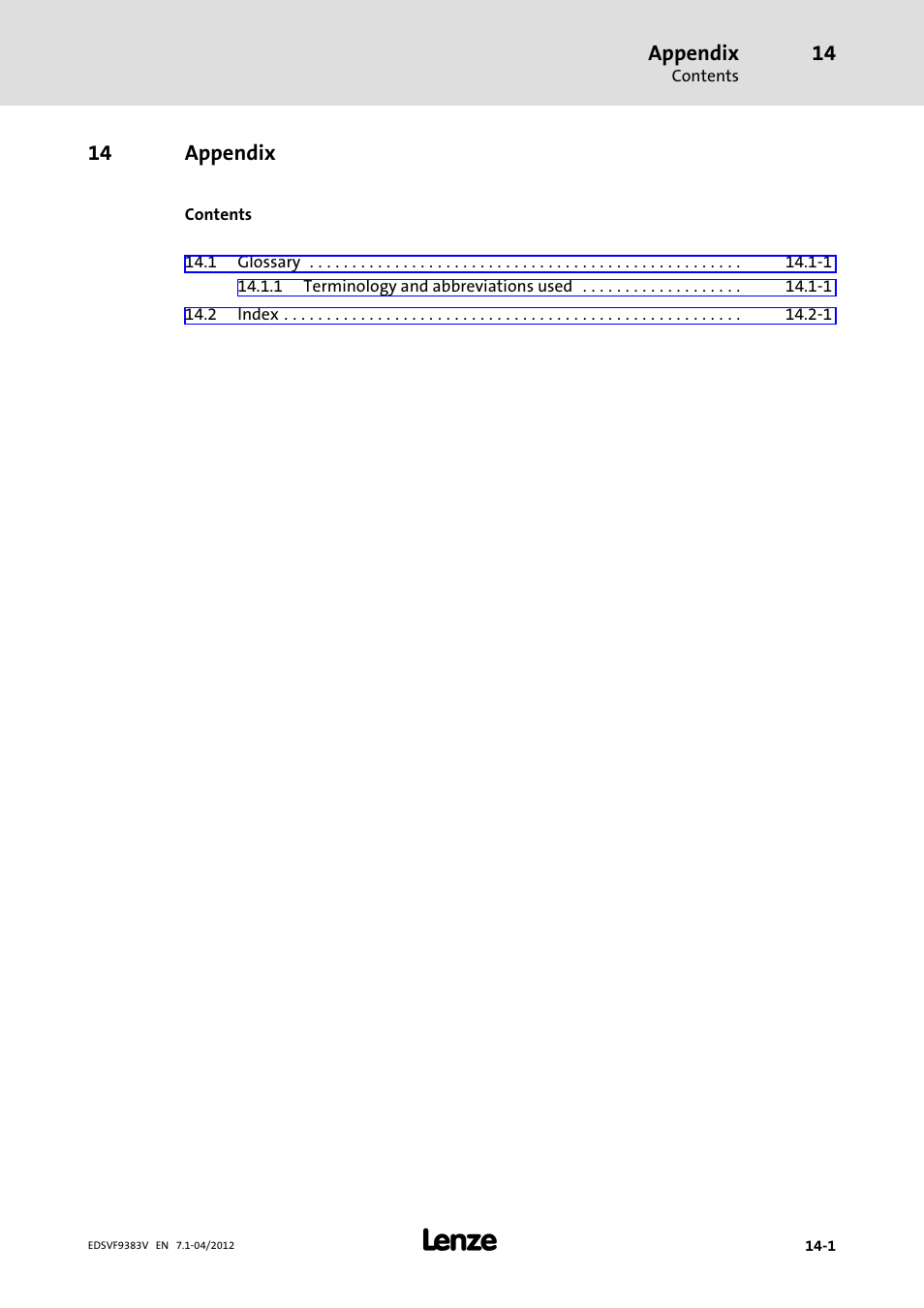 14 appendix, Appendix | Lenze EVF9383 User Manual | Page 445 / 458