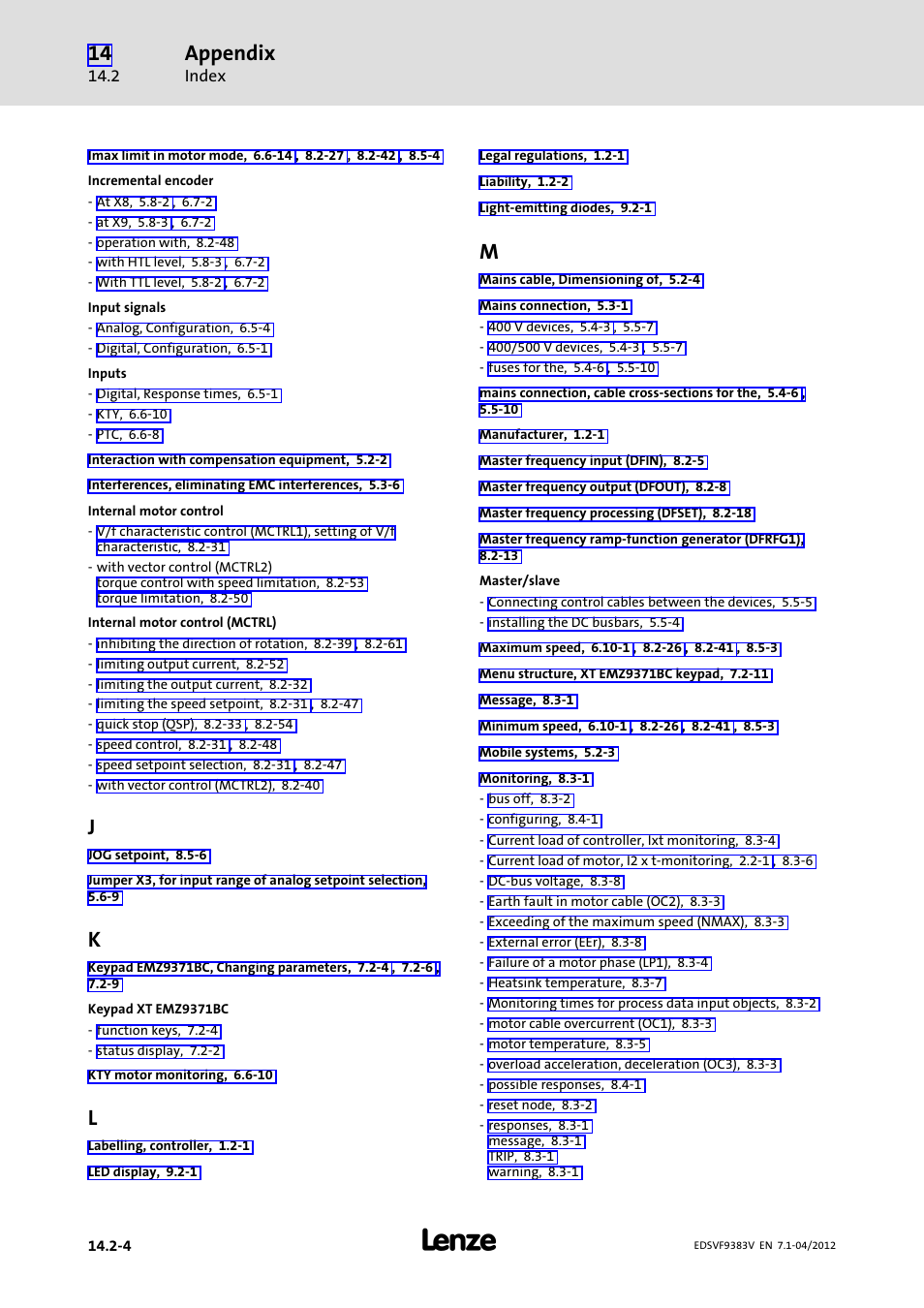 Appendix | Lenze EVF9383 User Manual | Page 452 / 458