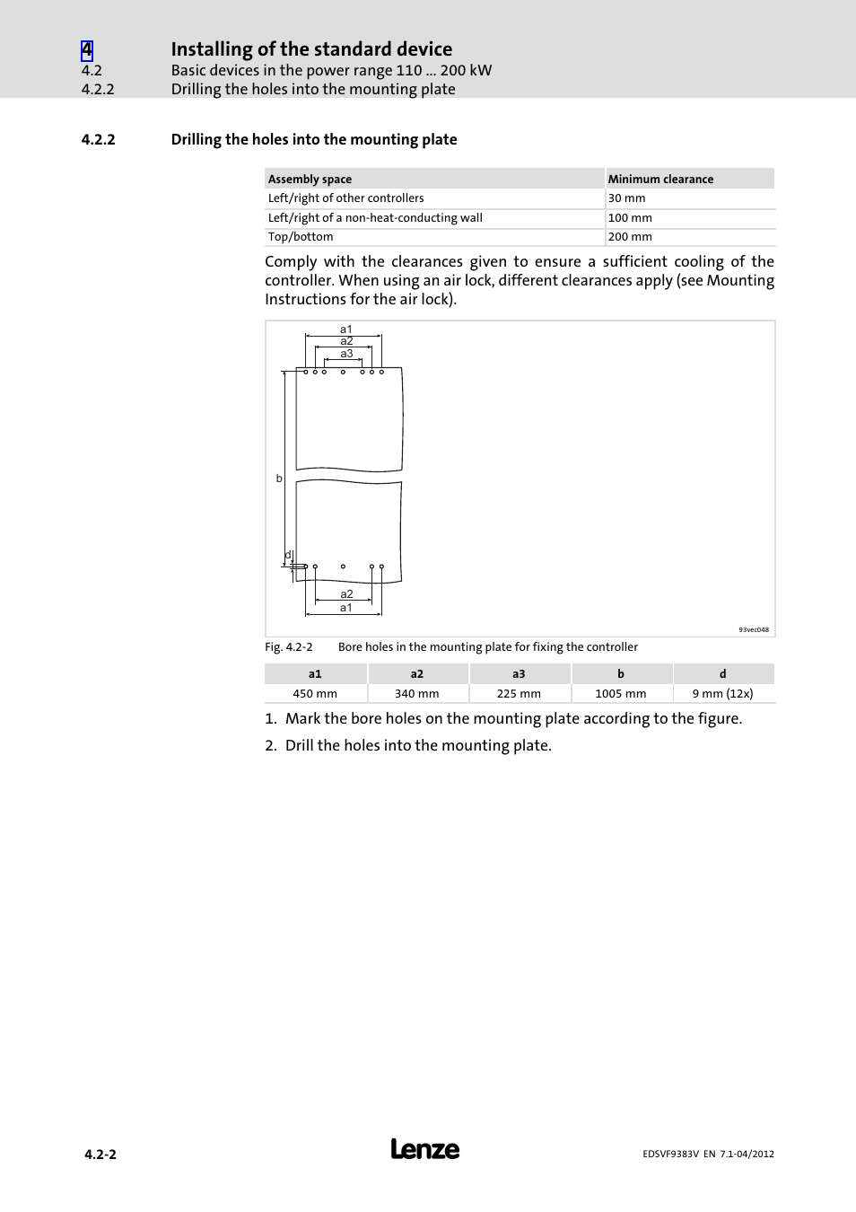 2 drilling the holes into the mounting plate, Drilling the holes into the mounting plate, Installing of the standard device | Lenze EVF9383 User Manual | Page 50 / 458