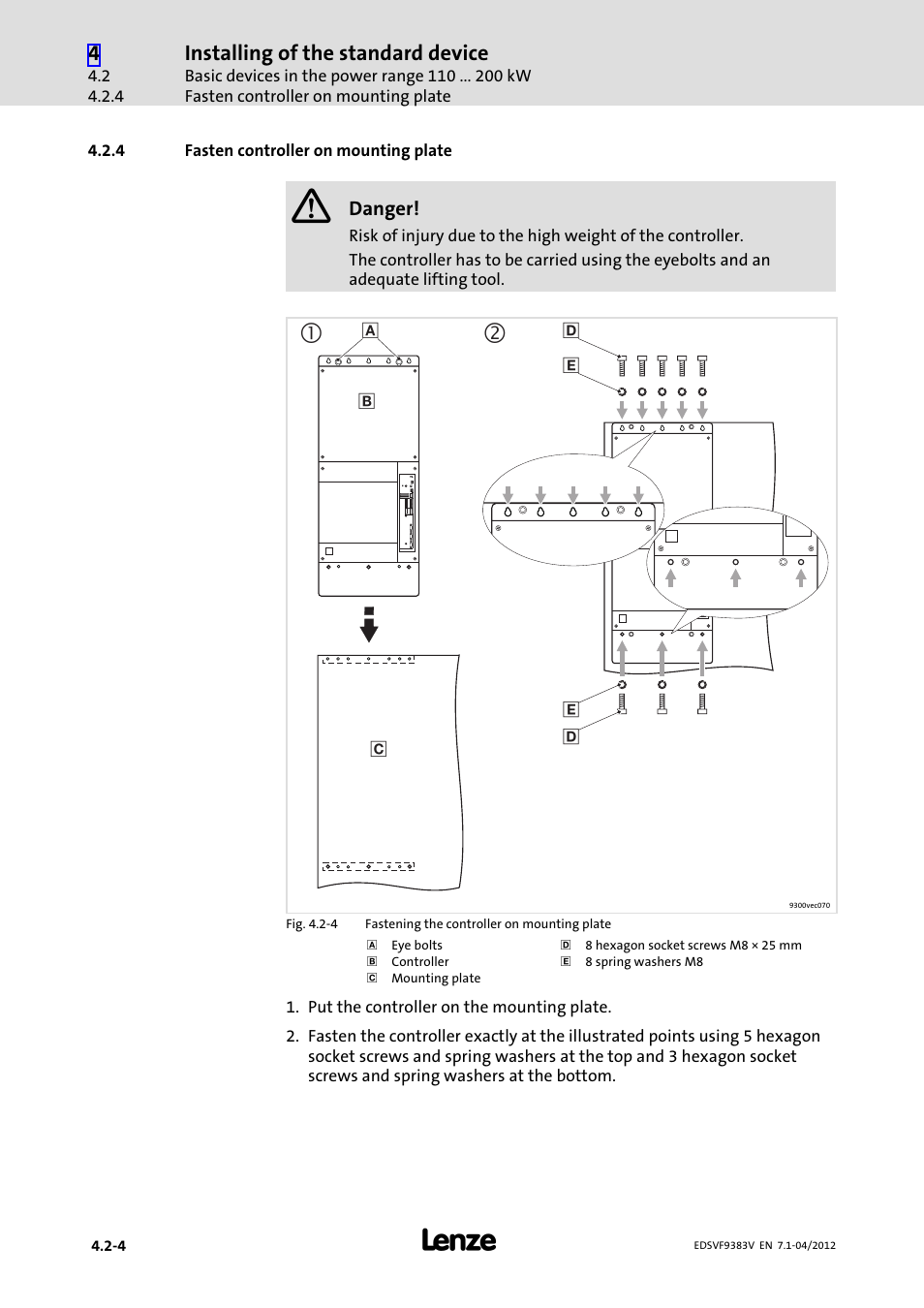 4 fasten controller on mounting plate, Fasten controller on mounting plate | Lenze EVF9383 User Manual | Page 52 / 458