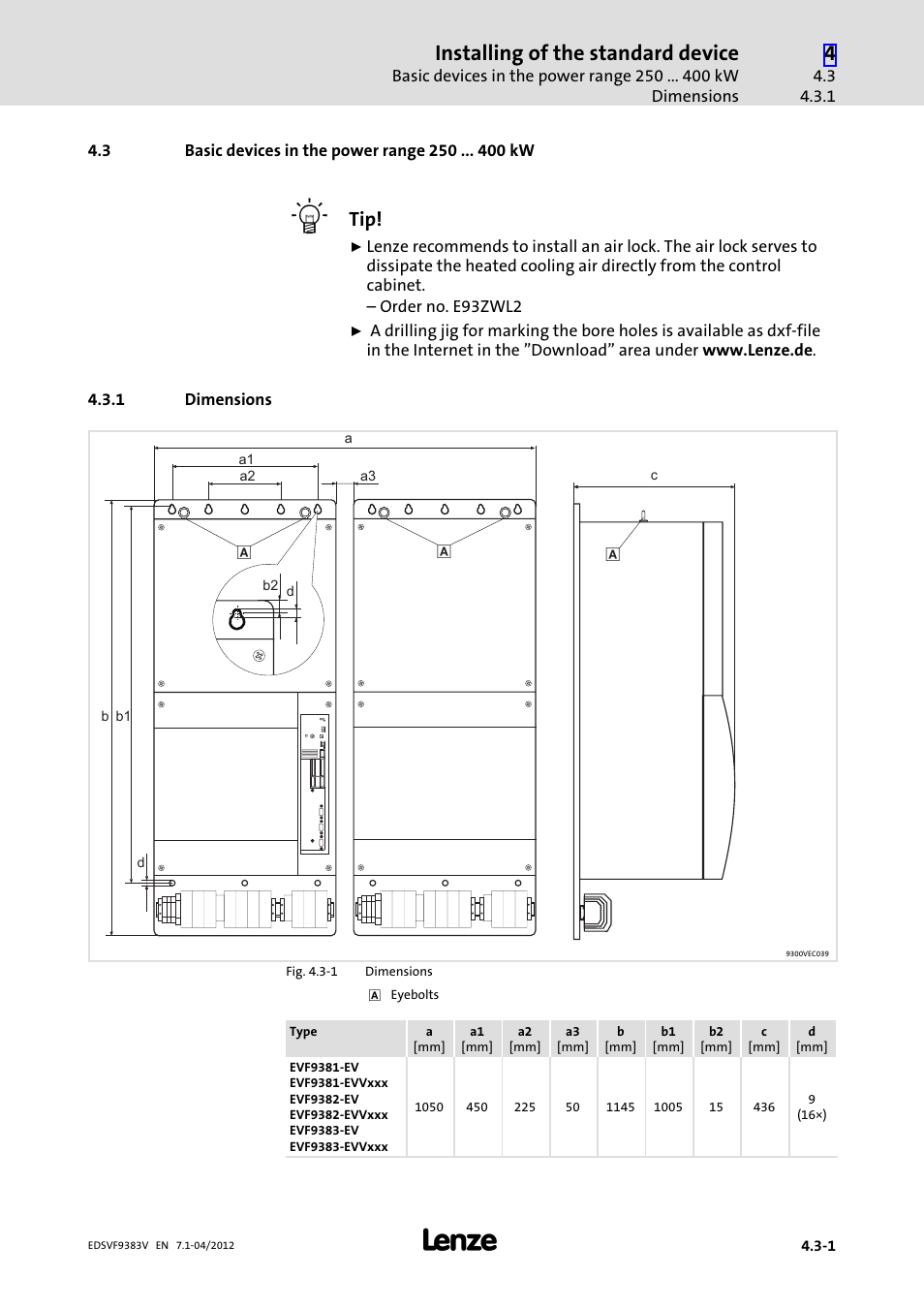 3 basic devices in the power range 250 kw, 1 dimensions, Basic devices in the power range 250 kw | Dimensions, Installing of the standard device | Lenze EVF9383 User Manual | Page 53 / 458
