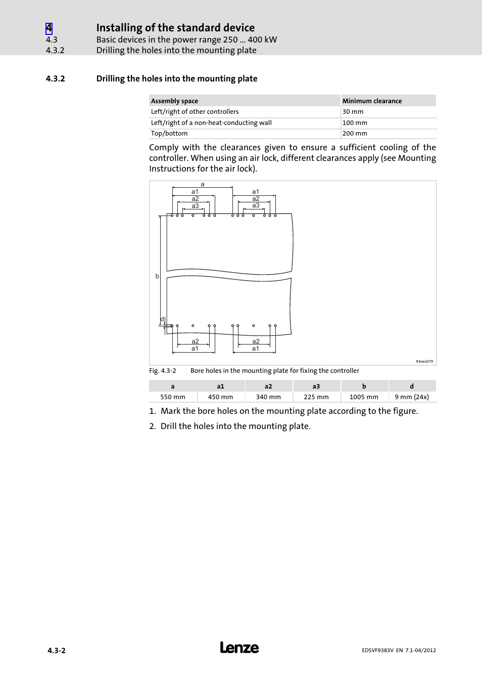 2 drilling the holes into the mounting plate, Drilling the holes into the mounting plate, Installing of the standard device | Lenze EVF9383 User Manual | Page 54 / 458