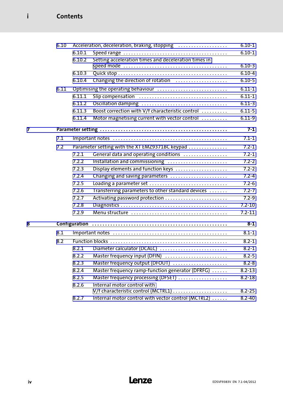 Contents i | Lenze EVF9383 User Manual | Page 6 / 458