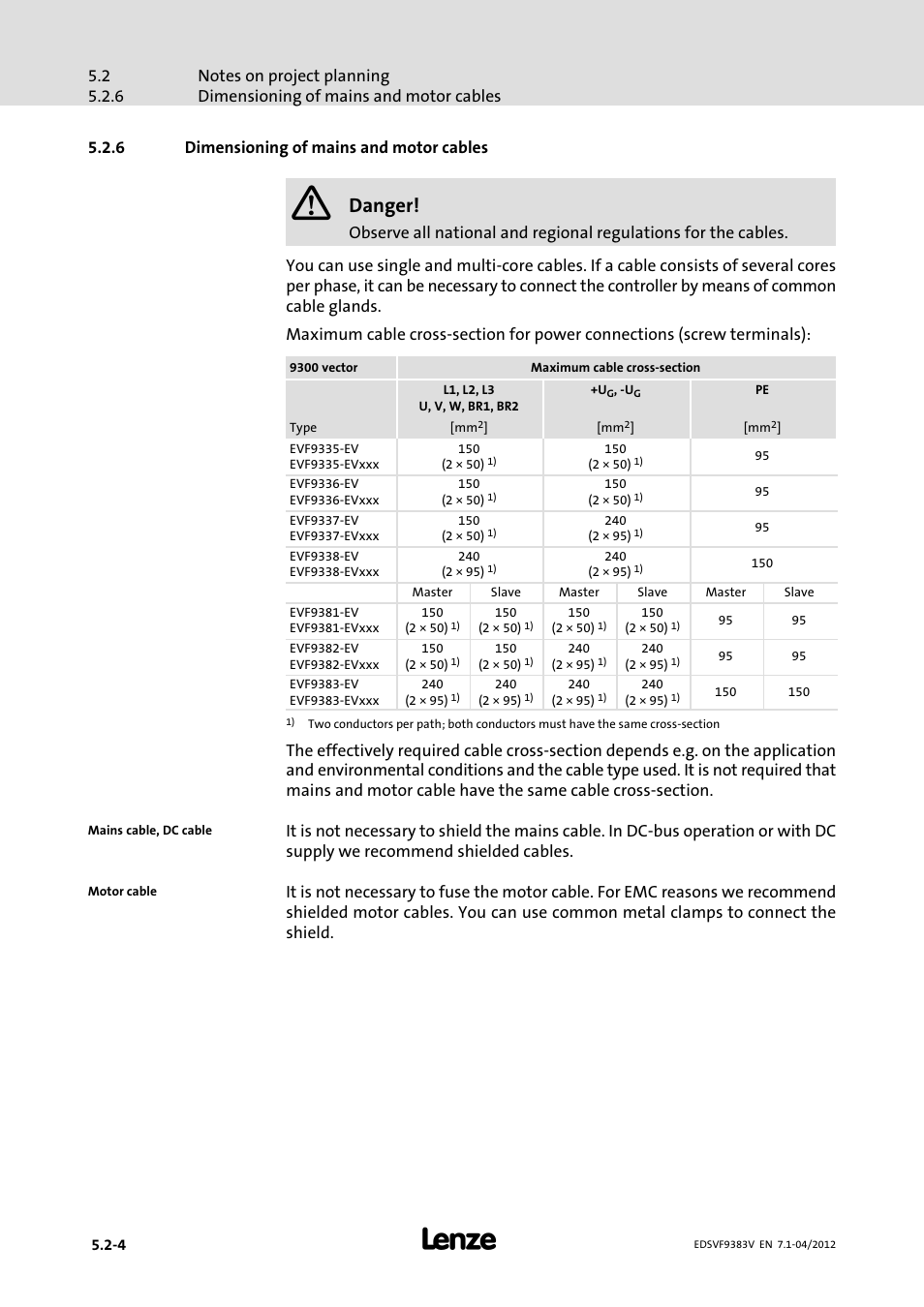 6 dimensioning of mains and motor cables, Dimensioning of mains and motor cables, Danger | Lenze EVF9383 User Manual | Page 66 / 458