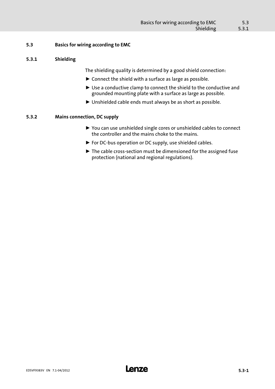 3 basics for wiring according to emc, 1 shielding, 2 mains connection, dc supply | Basics for wiring according to emc, Shielding, Mains connection, dc supply | Lenze EVF9383 User Manual | Page 67 / 458