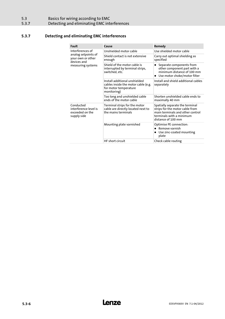 7 detecting and eliminating emc interferences, Detecting and eliminating emc interferences | Lenze EVF9383 User Manual | Page 72 / 458