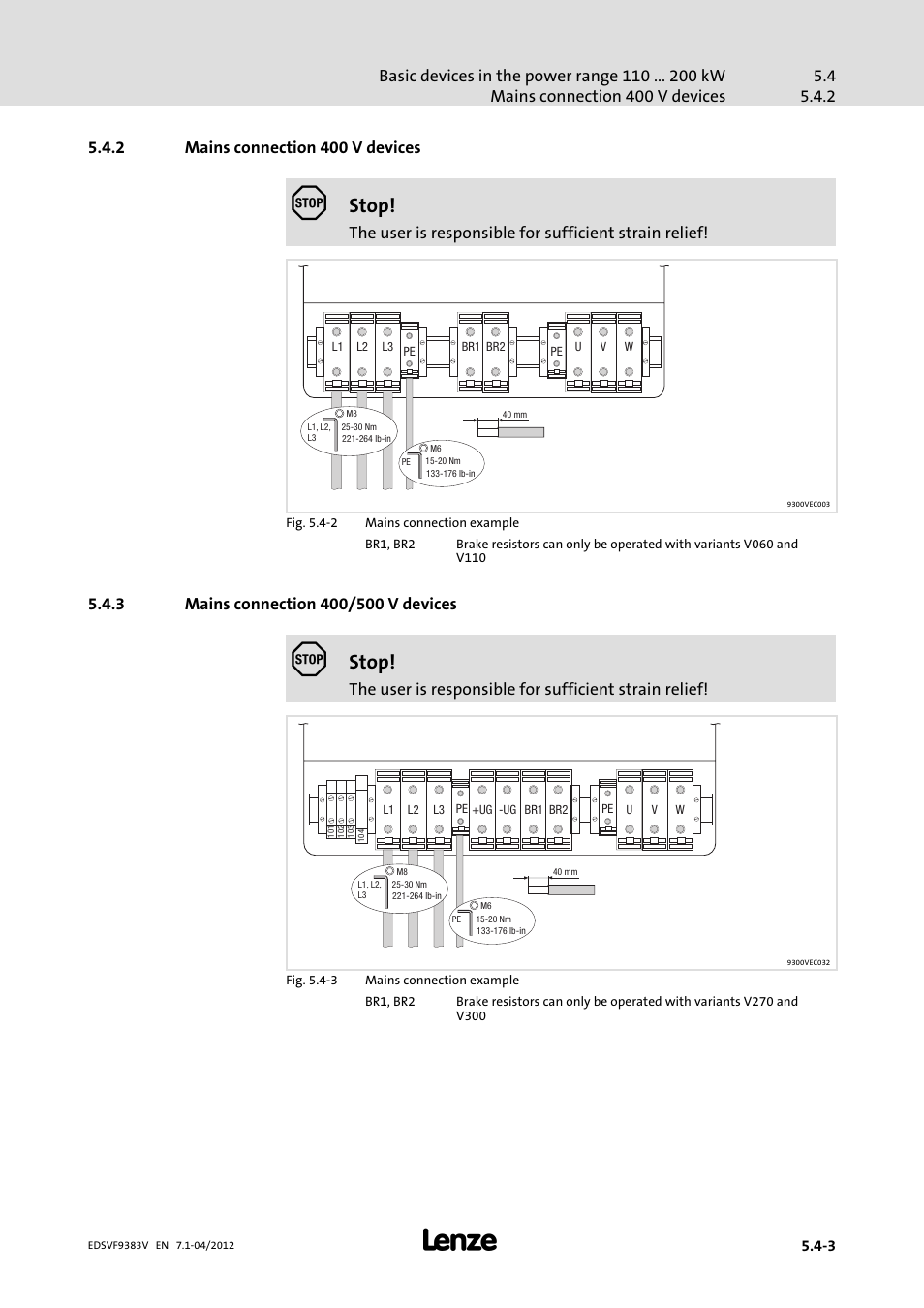 2 mains connection 400 v devices, 3 mains connection 400/500 v devices, Mains connection 400 v devices | Mains connection 400/500 v devices, Stop | Lenze EVF9383 User Manual | Page 75 / 458