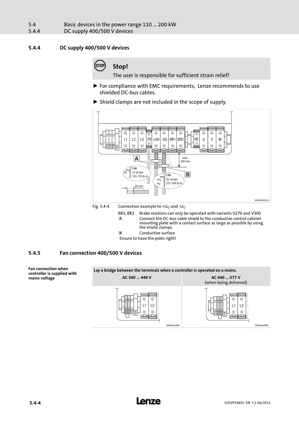 4 dc supply 400/500 v devices, 5 fan connection 400/500 v devices, Dc supply 400/500 v devices | Fan connection 400/500 v devices, Stop | Lenze EVF9383 User Manual | Page 76 / 458