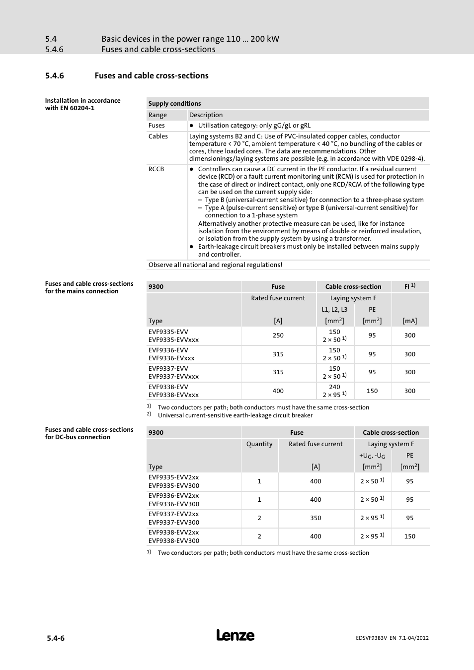 6 fuses and cable cross-sections, Fuses and cable cross−sections | Lenze EVF9383 User Manual | Page 78 / 458