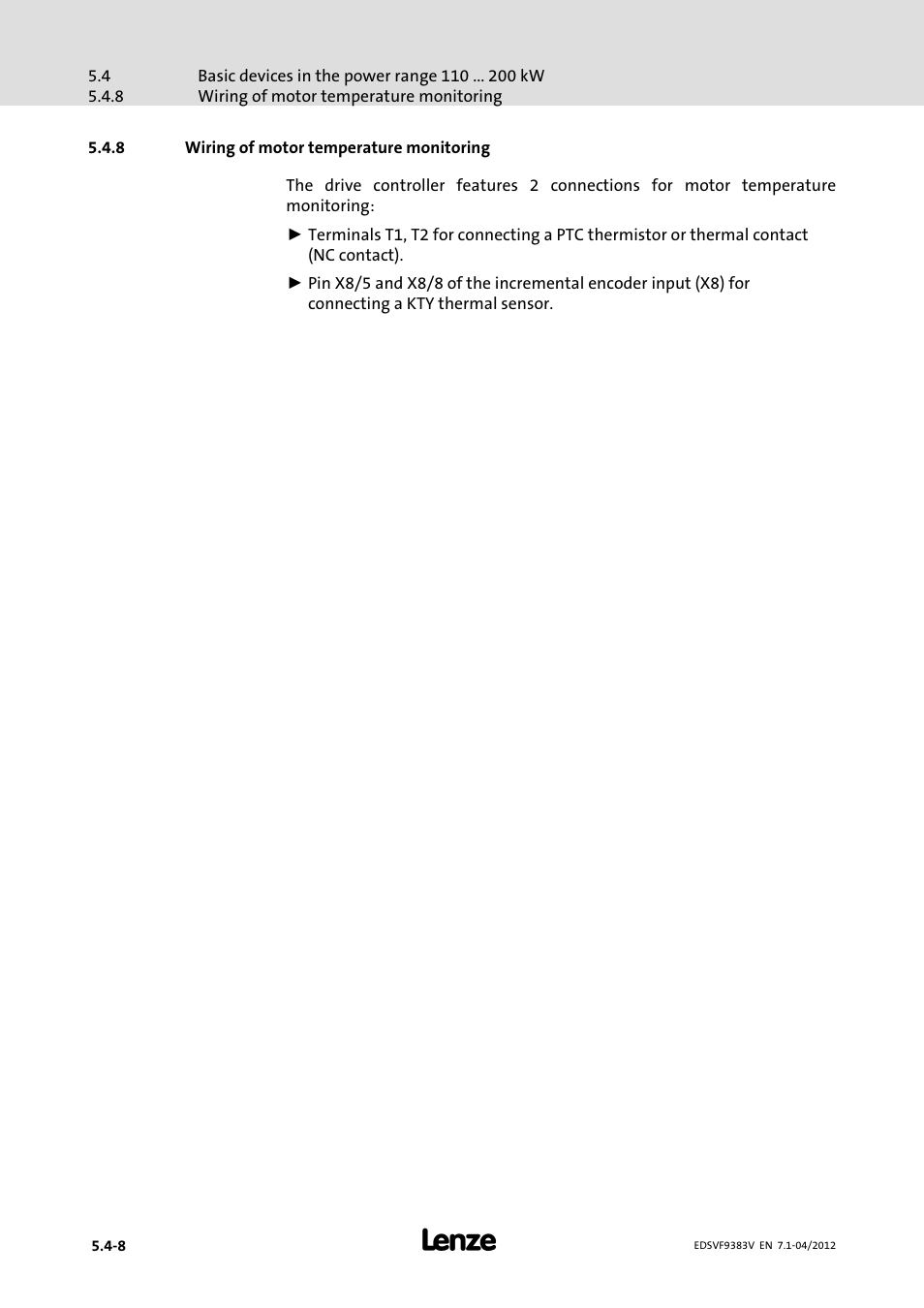 8 wiring of motor temperature monitoring, Wiring of motor temperature monitoring | Lenze EVF9383 User Manual | Page 80 / 458