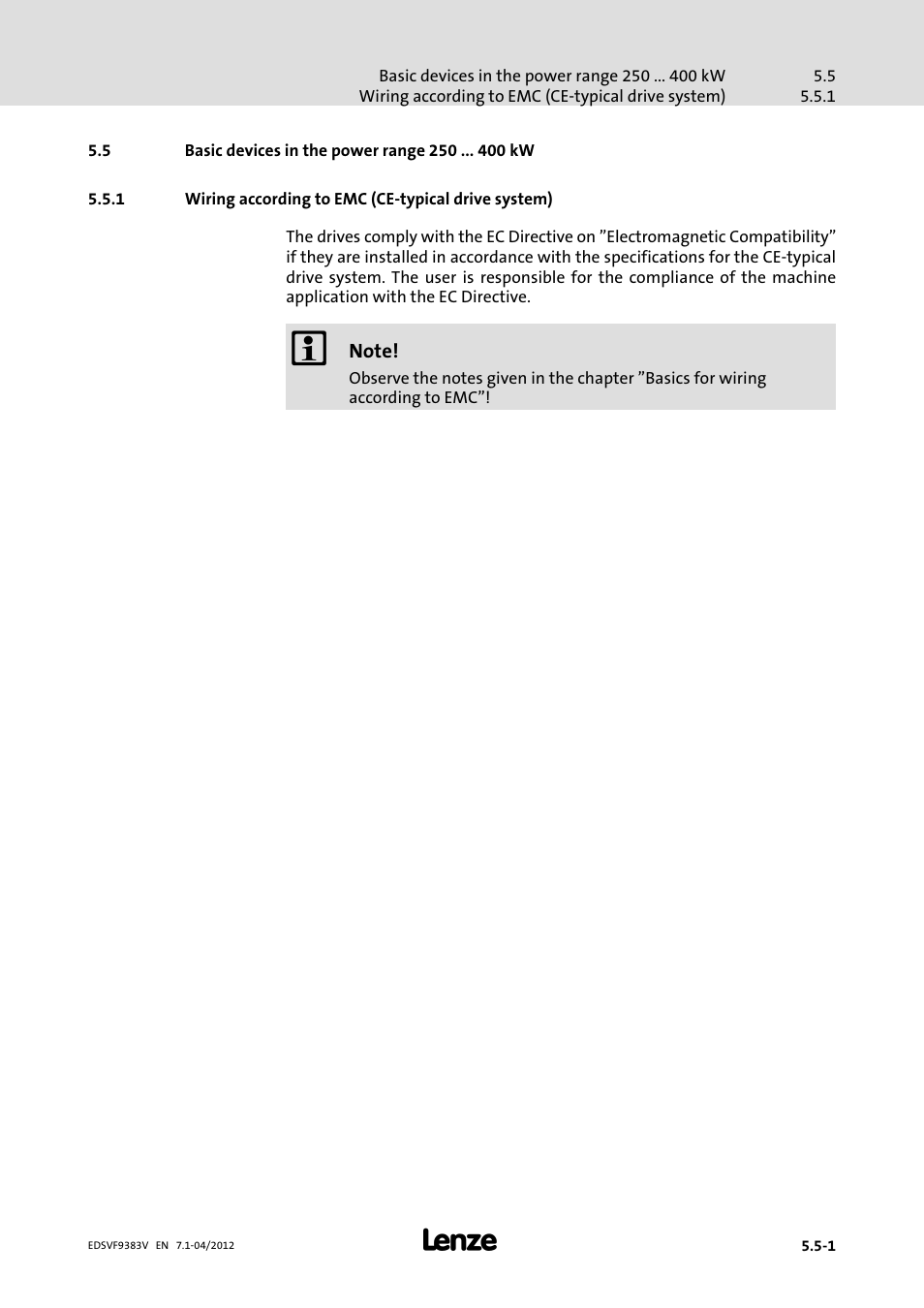 5 basic devices in the power range 250 kw, Basic devices in the power range 250 kw, Wiring according to emc (ce−typical drive system) | Lenze EVF9383 User Manual | Page 83 / 458