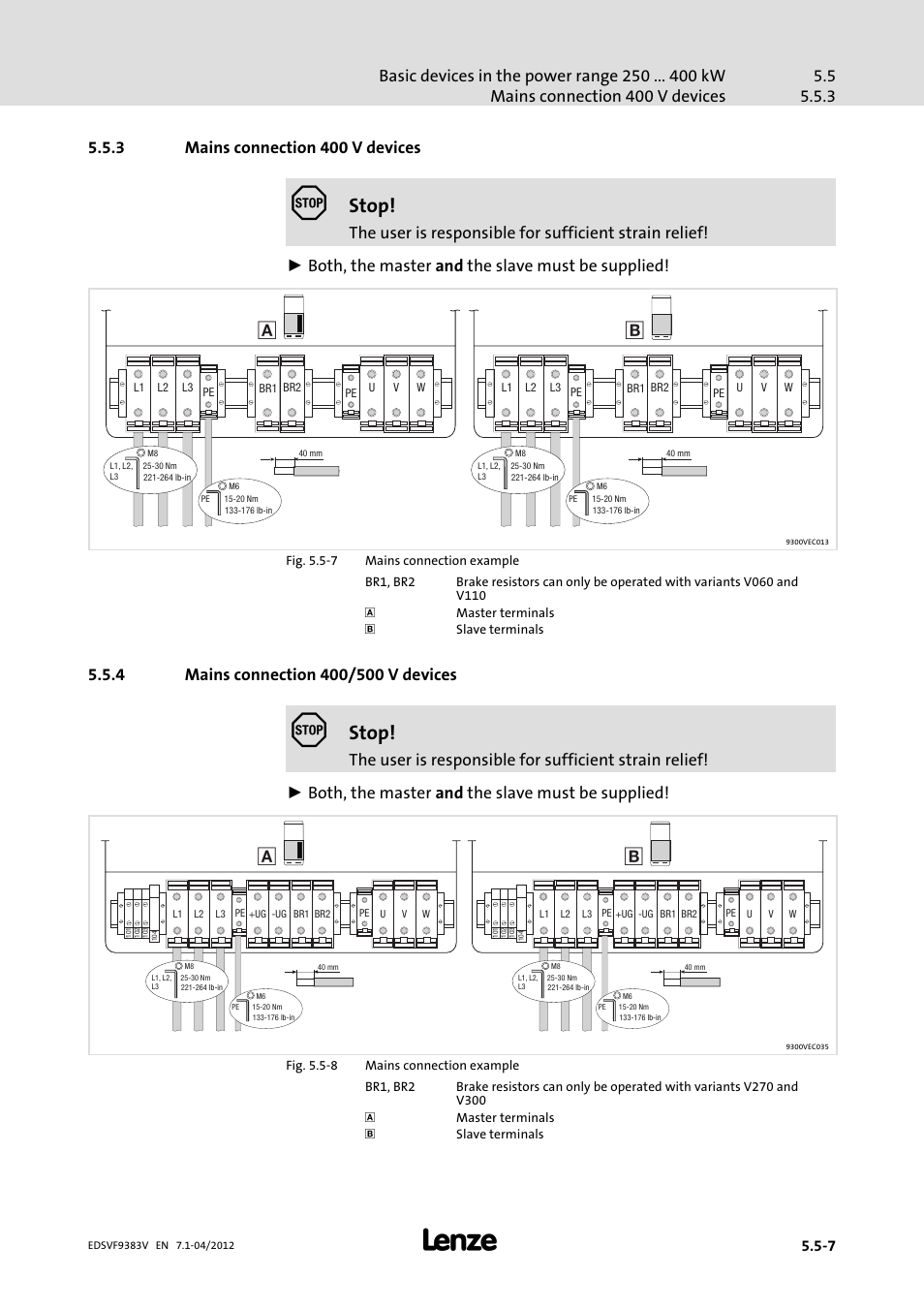 3 mains connection 400 v devices, 4 mains connection 400/500 v devices, Mains connection 400 v devices | Mains connection 400/500 v devices, Stop | Lenze EVF9383 User Manual | Page 89 / 458