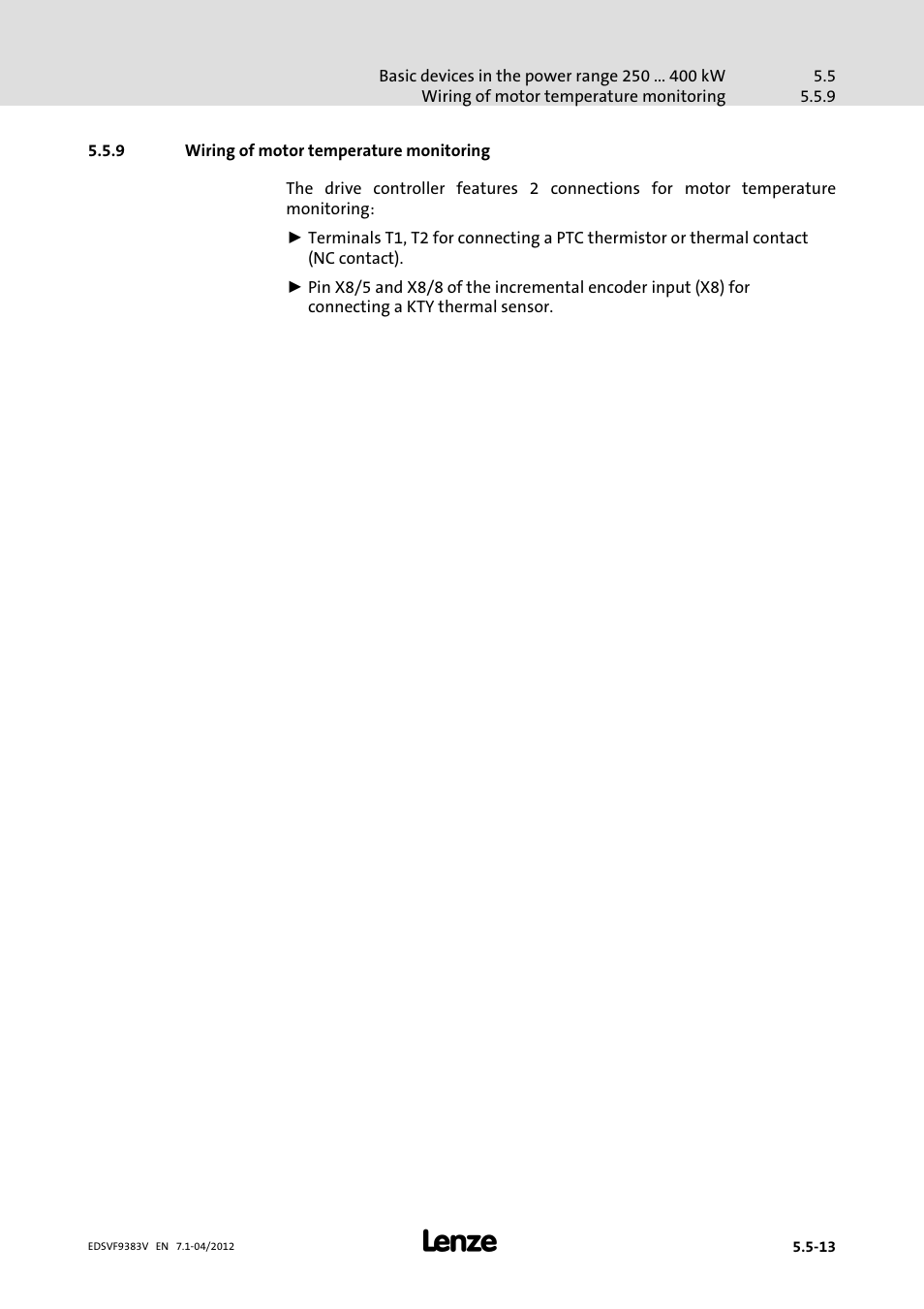 9 wiring of motor temperature monitoring, Wiring of motor temperature monitoring | Lenze EVF9383 User Manual | Page 95 / 458