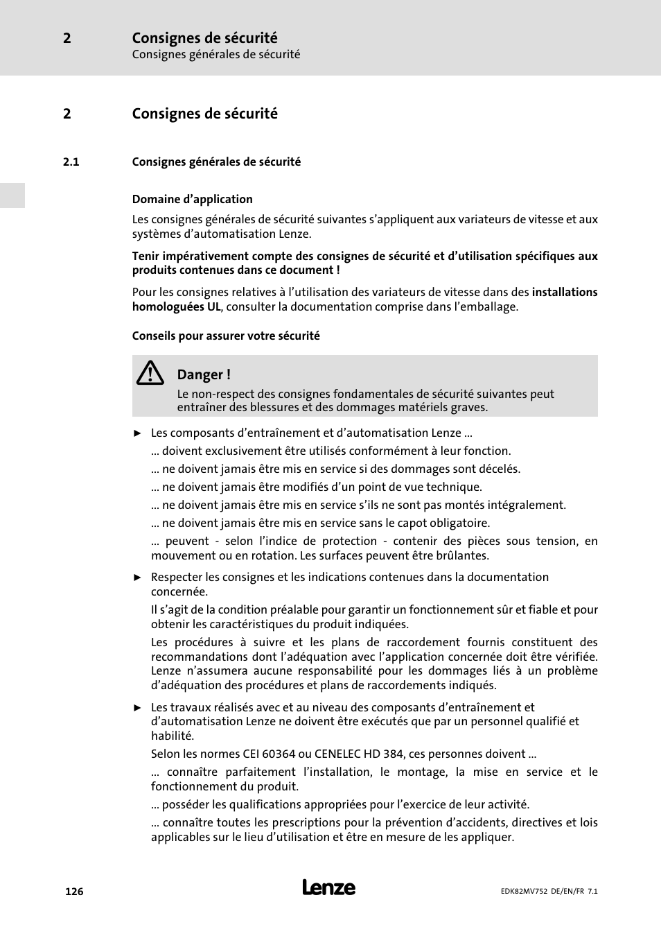 Consignes de sécurité, Consignes générales de sécurité | Lenze E82MVxxx_4Bxxx User Manual | Page 126 / 180
