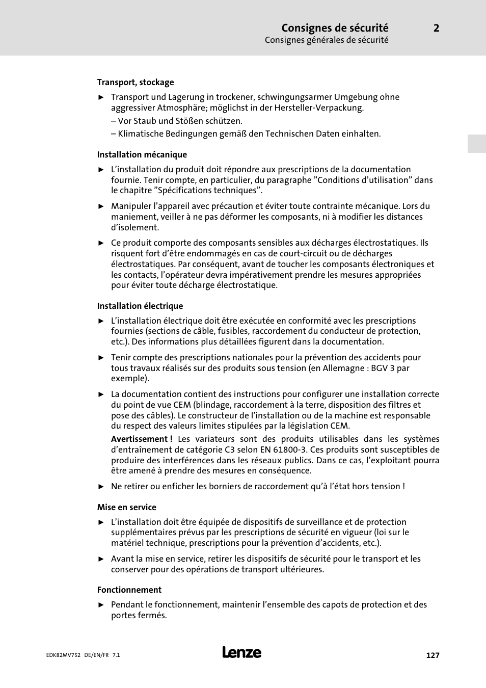 Consignes de sécurité | Lenze E82MVxxx_4Bxxx User Manual | Page 127 / 180