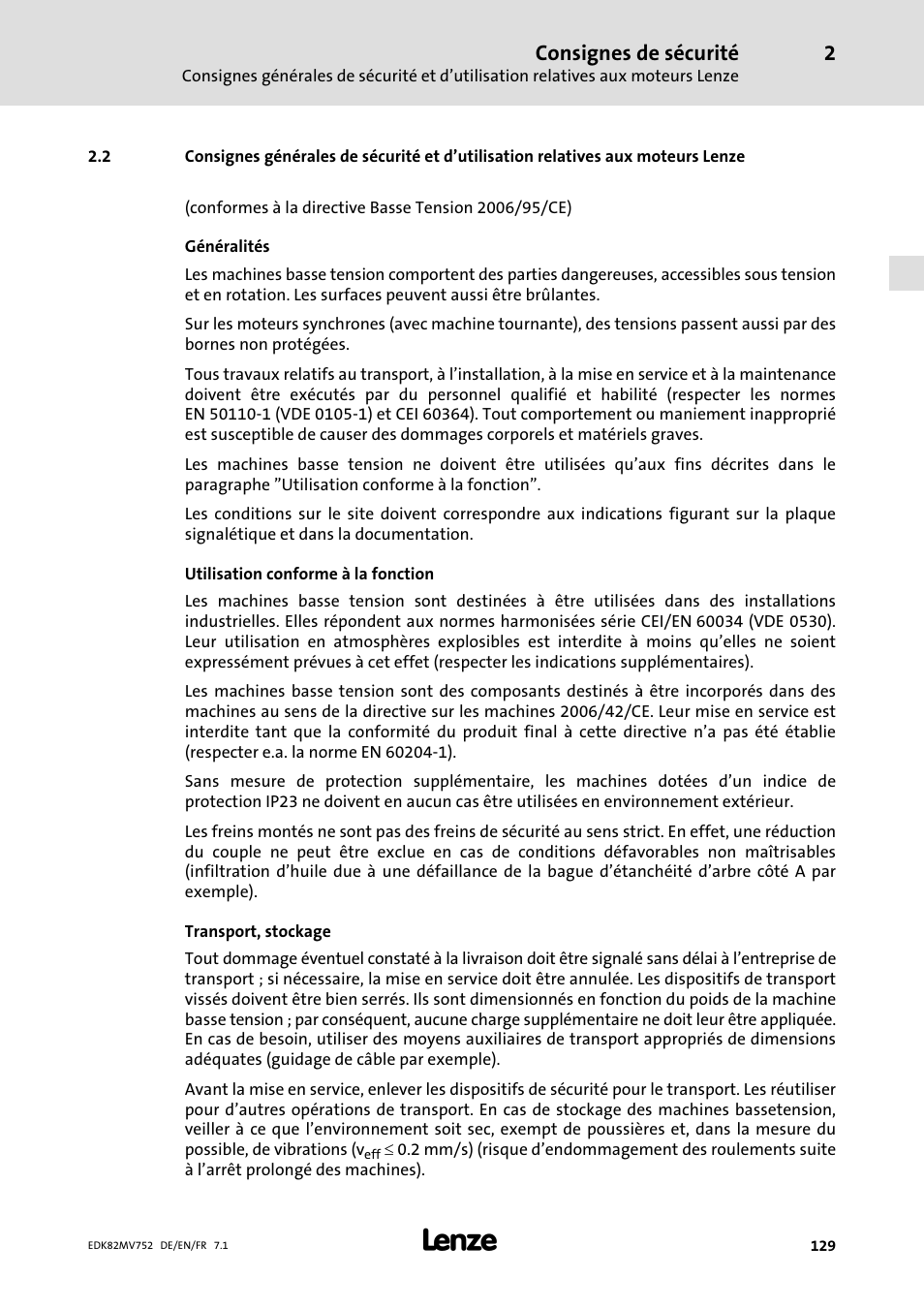 Consignes de sécurité | Lenze E82MVxxx_4Bxxx User Manual | Page 129 / 180