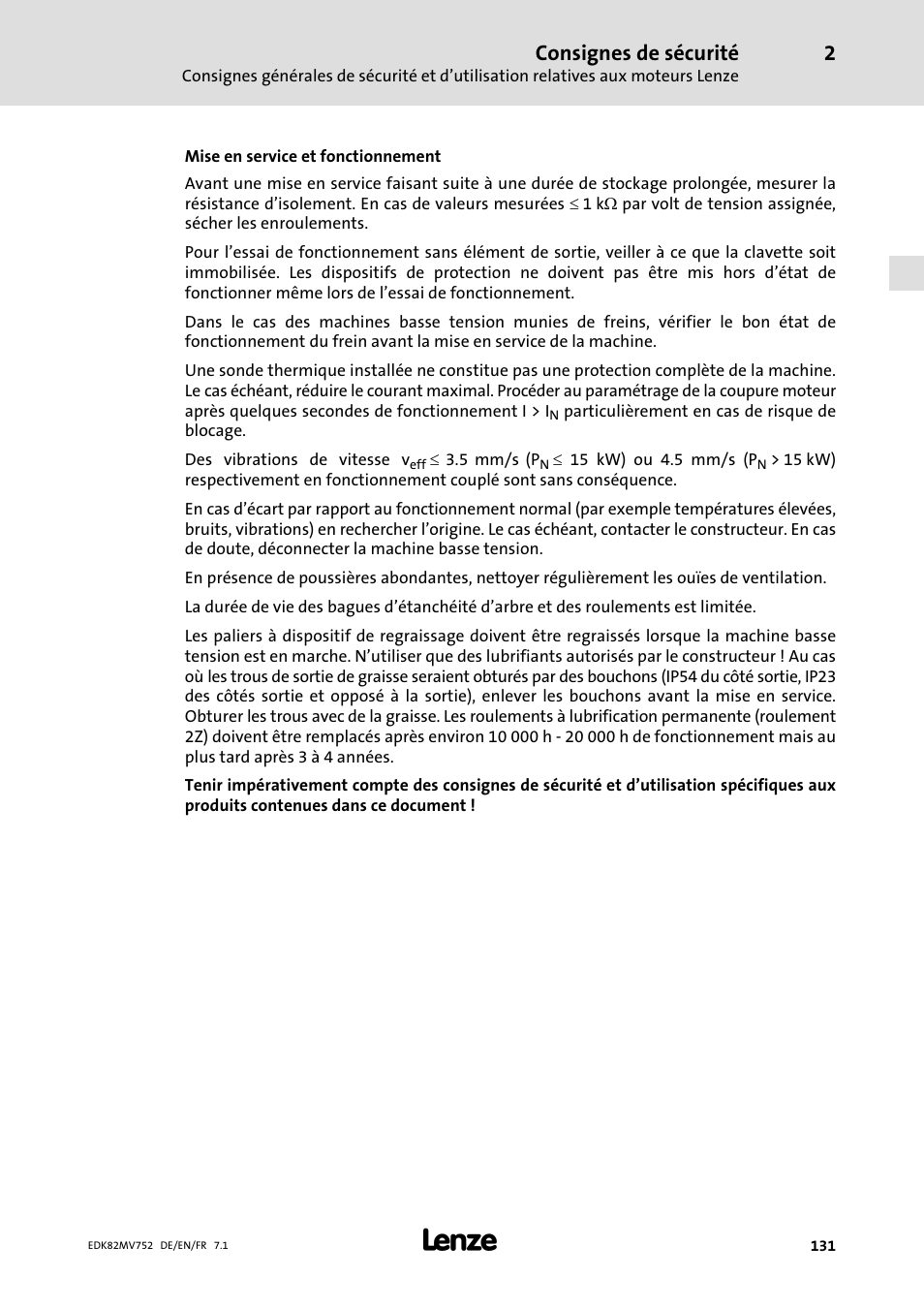 Consignes de sécurité | Lenze E82MVxxx_4Bxxx User Manual | Page 131 / 180