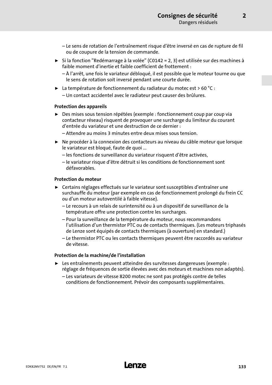 Consignes de sécurité | Lenze E82MVxxx_4Bxxx User Manual | Page 133 / 180