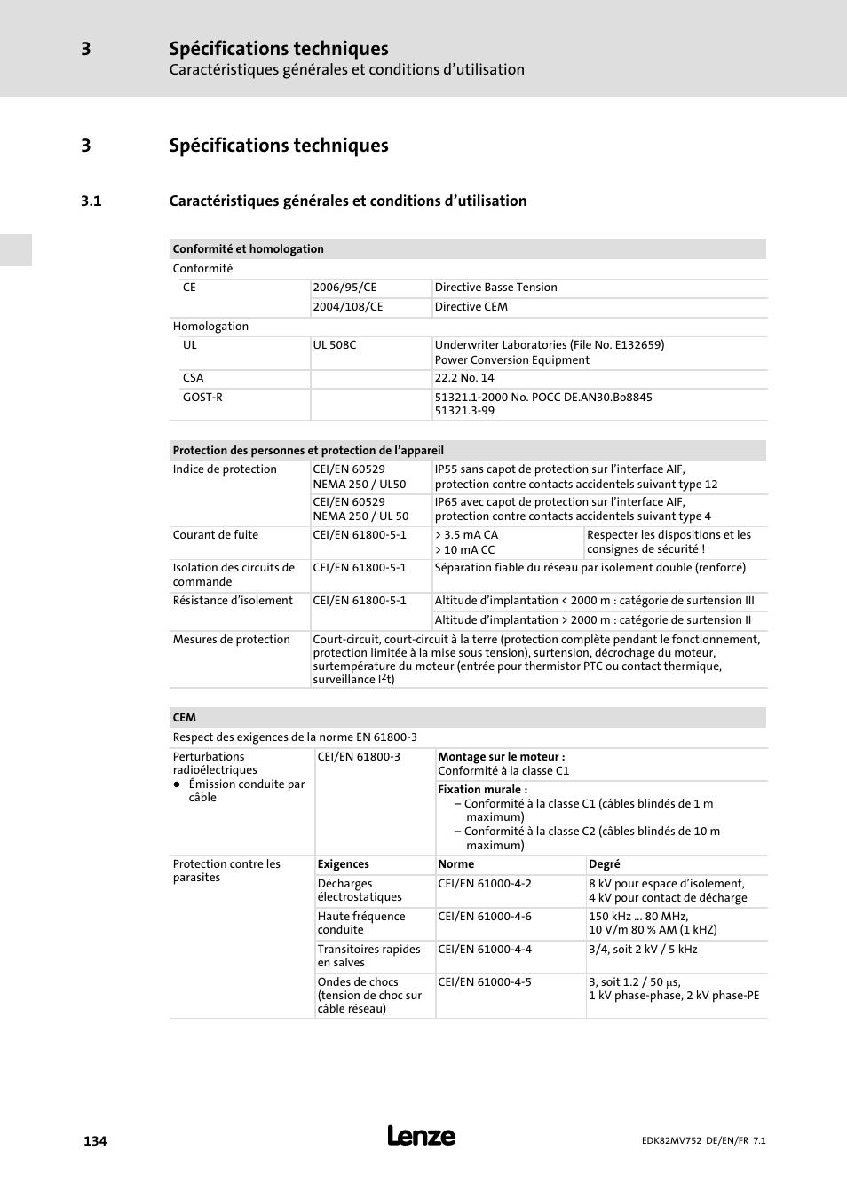 Spécifications techniques, 3spécifications techniques | Lenze E82MVxxx_4Bxxx User Manual | Page 134 / 180