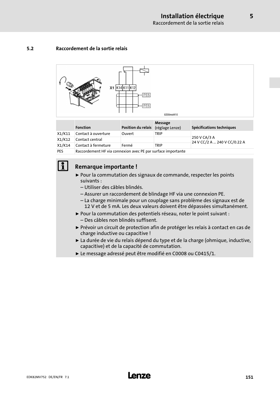 Raccordement de la sortie relais, Installation électrique, Remarque importante | Lenze E82MVxxx_4Bxxx User Manual | Page 151 / 180