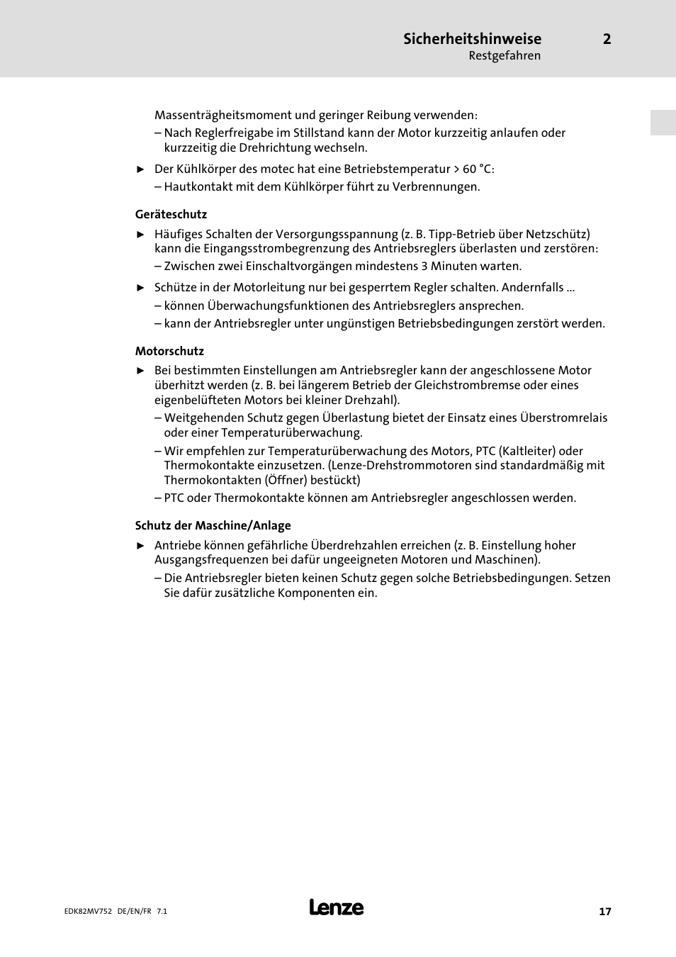 Sicherheitshinweise | Lenze E82MVxxx_4Bxxx User Manual | Page 17 / 180