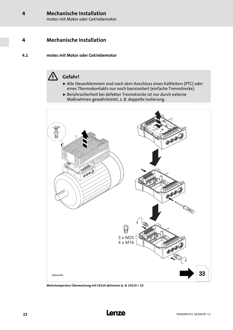 Mechanische installation, Motec mit motor oder getriebemotor | Lenze E82MVxxx_4Bxxx User Manual | Page 22 / 180