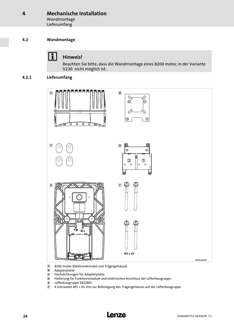 Wandmontage, Lieferumfang, Mechanische installation | Lenze E82MVxxx_4Bxxx User Manual | Page 24 / 180