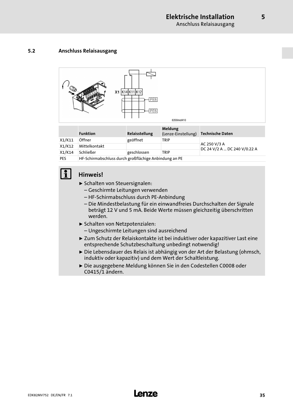 Anschluss relaisausgang, Elektrische installation, Hinweis | Lenze E82MVxxx_4Bxxx User Manual | Page 35 / 180