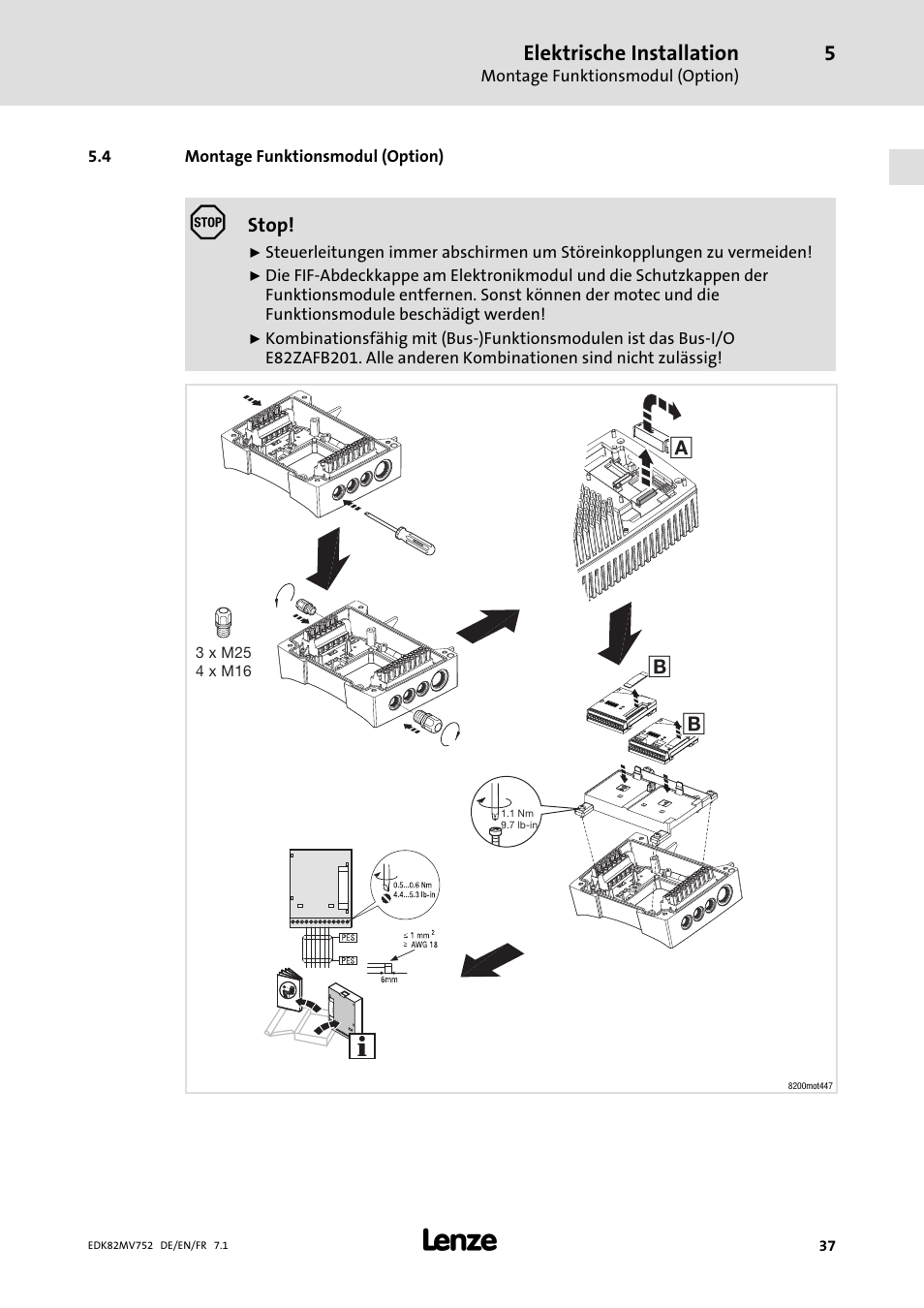 Montage funktionsmodul (option) | Lenze E82MVxxx_4Bxxx User Manual | Page 37 / 180