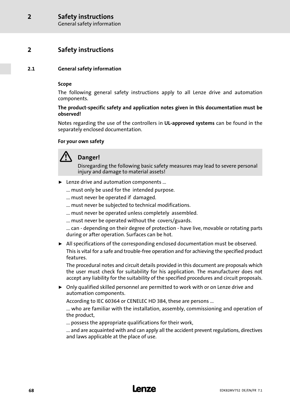 Safety instructions, General safety information | Lenze E82MVxxx_4Bxxx User Manual | Page 68 / 180
