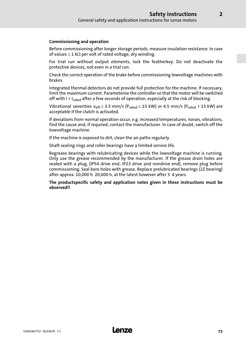 Safety instructions | Lenze E82MVxxx_4Bxxx User Manual | Page 73 / 180