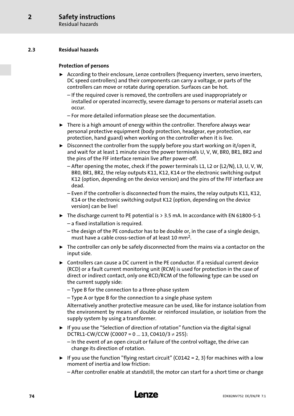 Residual hazards, Safety instructions | Lenze E82MVxxx_4Bxxx User Manual | Page 74 / 180