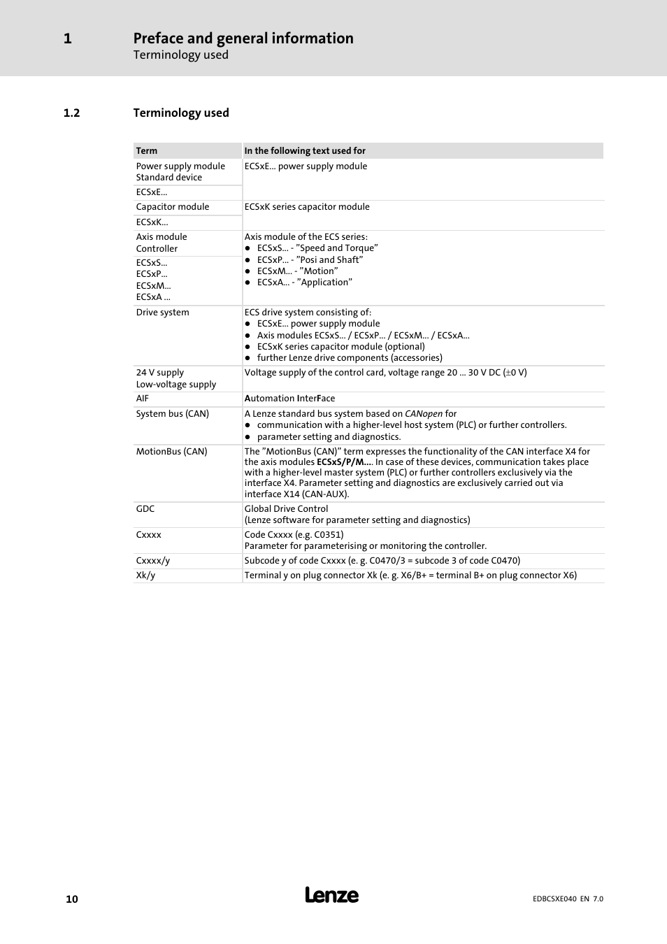 2 terminology used, Terminology used, Preface and general information | Lenze ECSCExxx Power supply module User Manual | Page 10 / 182