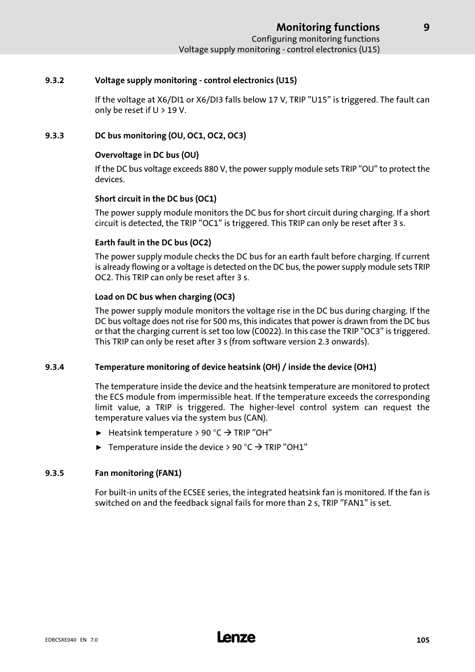 3 dc bus monitoring (ou, oc1, oc2, oc3), 5 fan monitoring (fan1), Dc bus monitoring (ou, oc1, oc2, oc3) | Fan monitoring (fan1), Monitoring functions | Lenze ECSCExxx Power supply module User Manual | Page 105 / 182