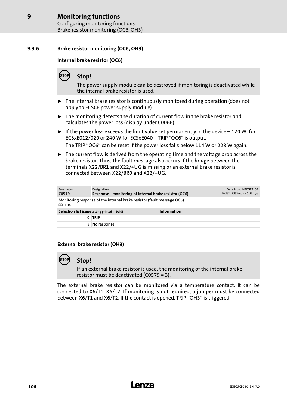 6 brake resistor monitoring (oc6, oh3), Brake resistor monitoring (oc6, oh3), Monitoring functions | Lenze ECSCExxx Power supply module User Manual | Page 106 / 182