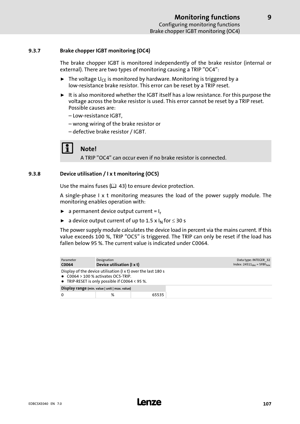 7 brake chopper igbt monitoring (oc4), 8 device utilisation / i x t monitoring (oc5), Brake chopper igbt monitoring (oc4) | Device utilisation / i x t monitoring (oc5), Monitoring functions | Lenze ECSCExxx Power supply module User Manual | Page 107 / 182