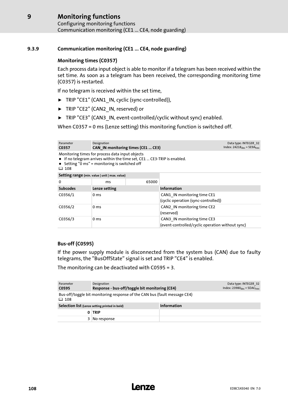 Monitoring functions | Lenze ECSCExxx Power supply module User Manual | Page 108 / 182